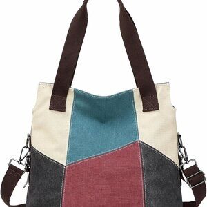 Women's Canvas Tote Bag Multi Pocket Crossbody Purse with Shoulder Strap